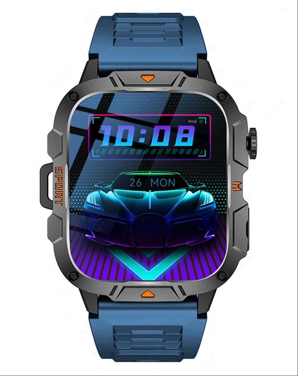 Smartwatch with blue strap and digital display on a white background, featuring wireless call, flashlight, and sports mode icons.