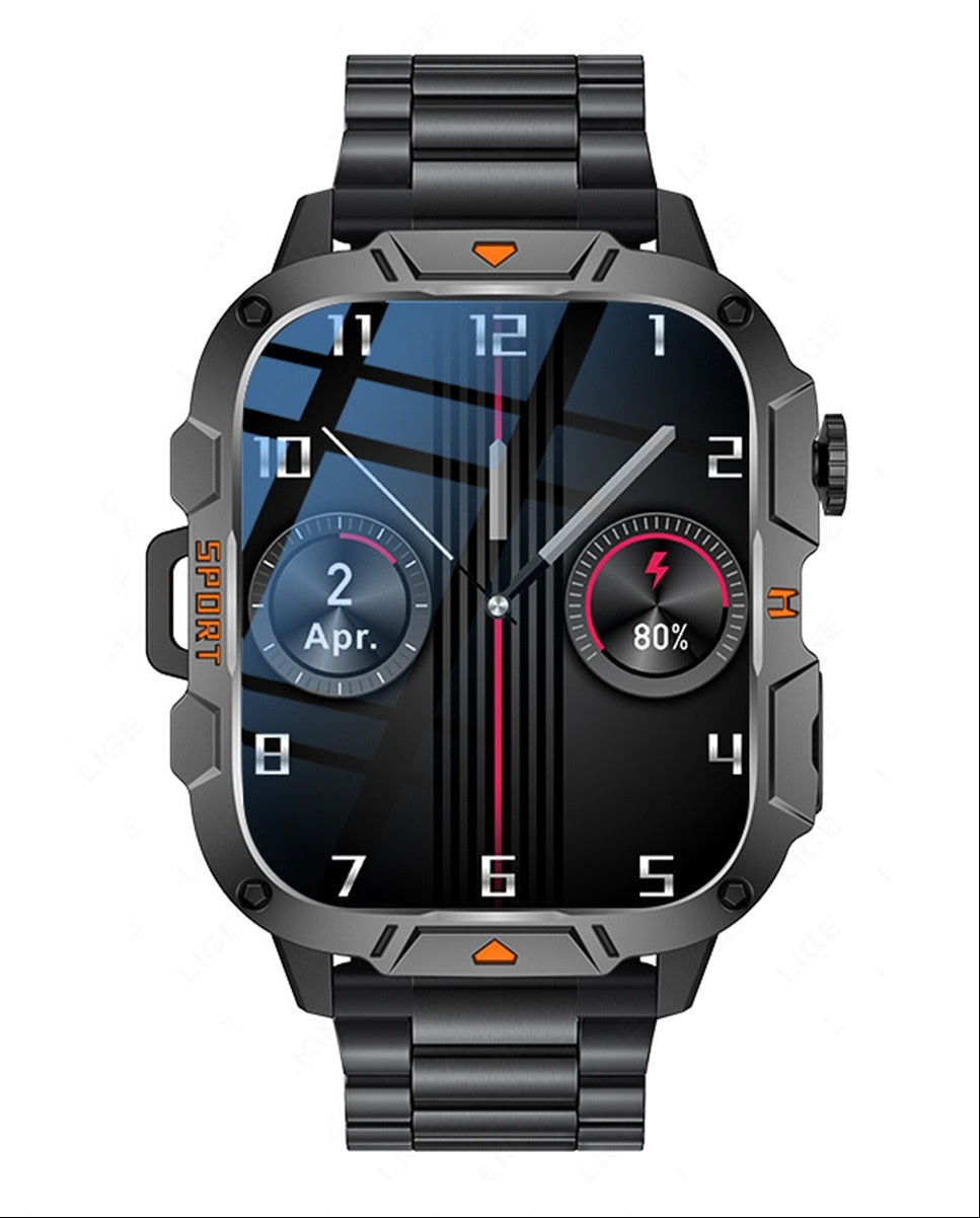 Smartwatch with metallic band on a white background, displaying features like wireless call, flashlight, and sports modes.