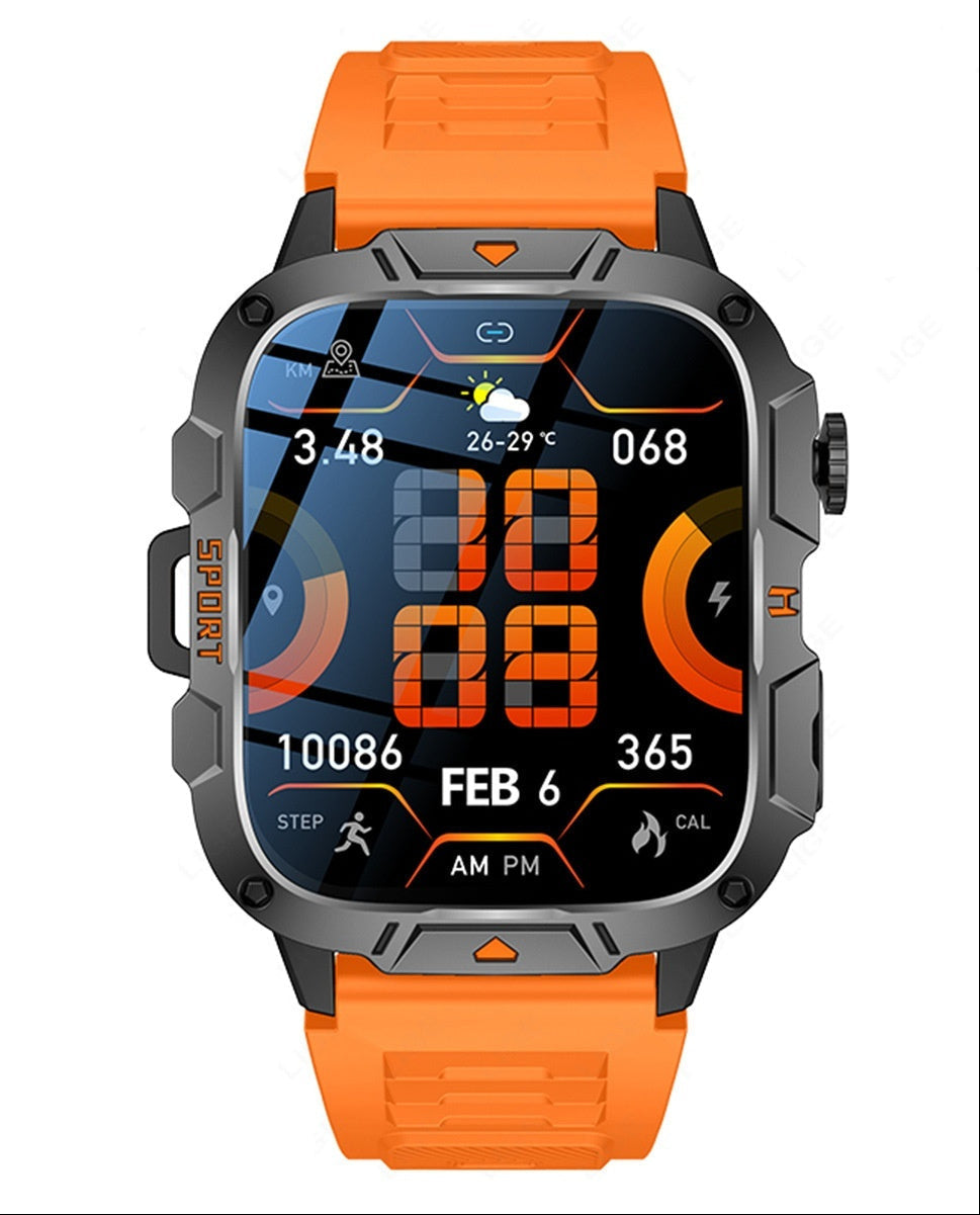 Orange smartwatch with digital display and feature icons on a white background