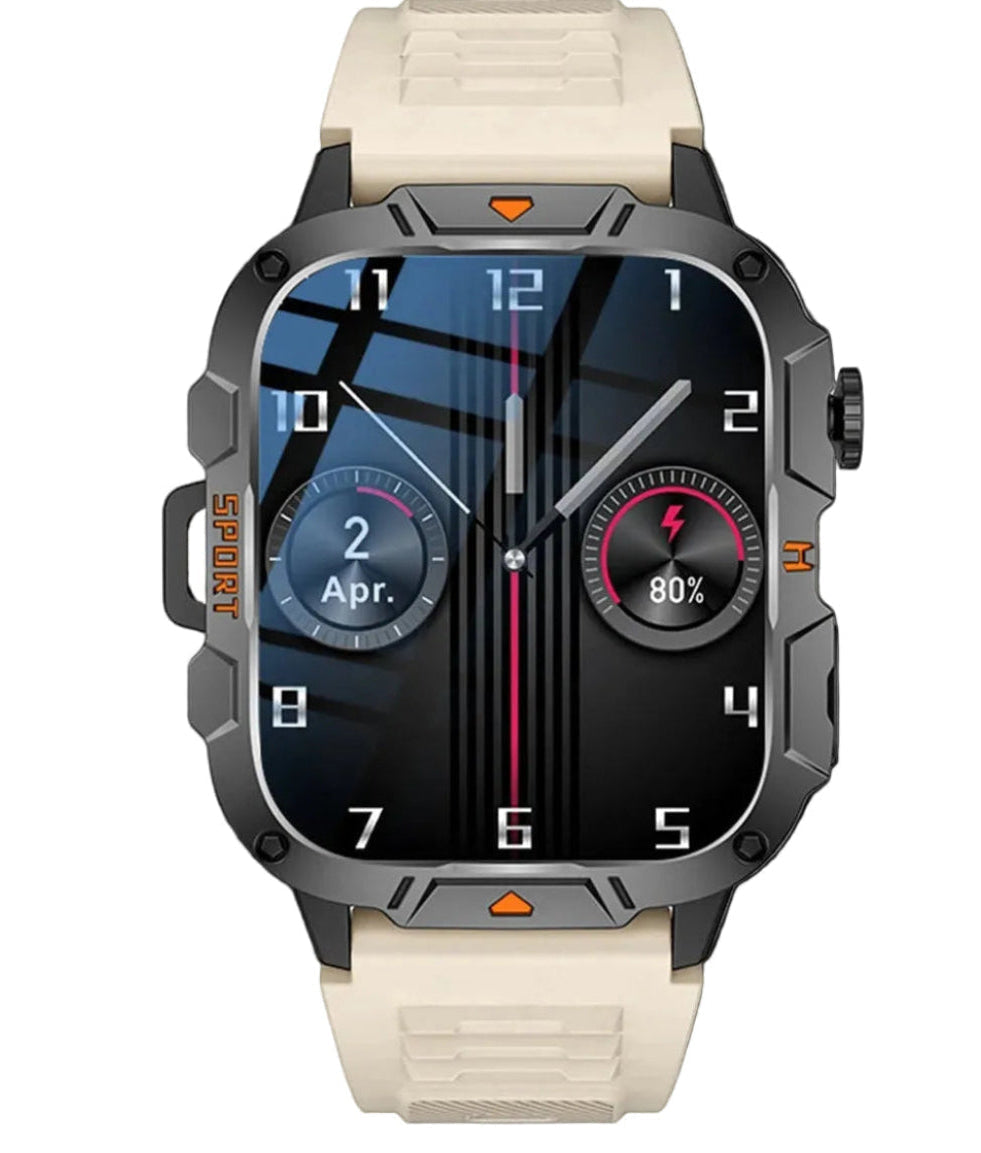 Smartwatch with a beige strap on a white background