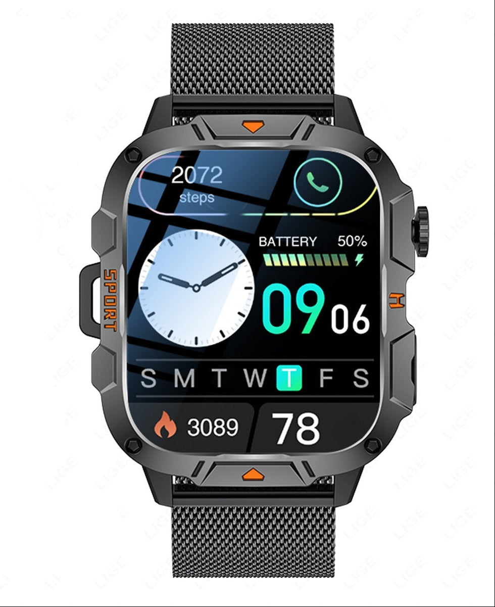 Smartwatch with a black mesh band on a white background